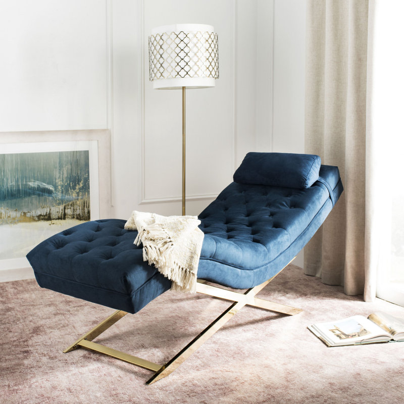Chaise longue sans accoudoirs capitonnée Mabella, Velours marine, Laiton