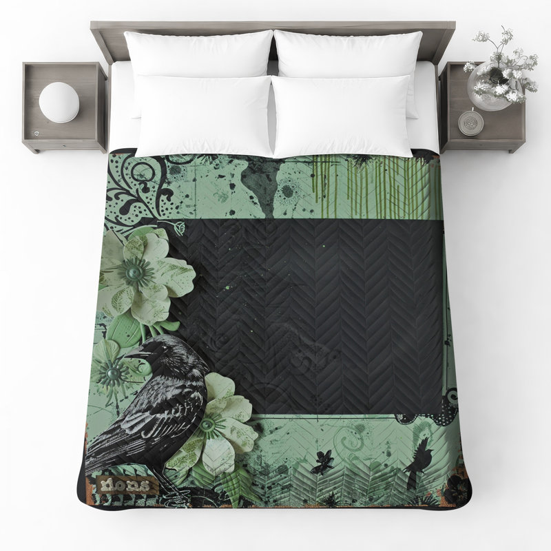 Couvre-lit matelassé Black Bird and Flowers, Lit simple