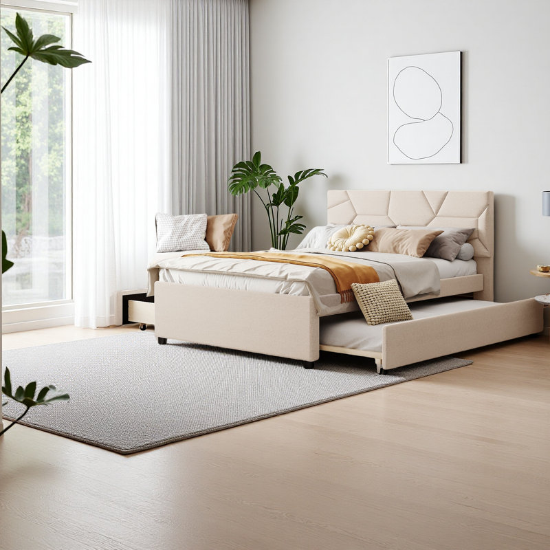 Lit plateforme tapissier avec tête de lit en lin, Beige, Lit double
