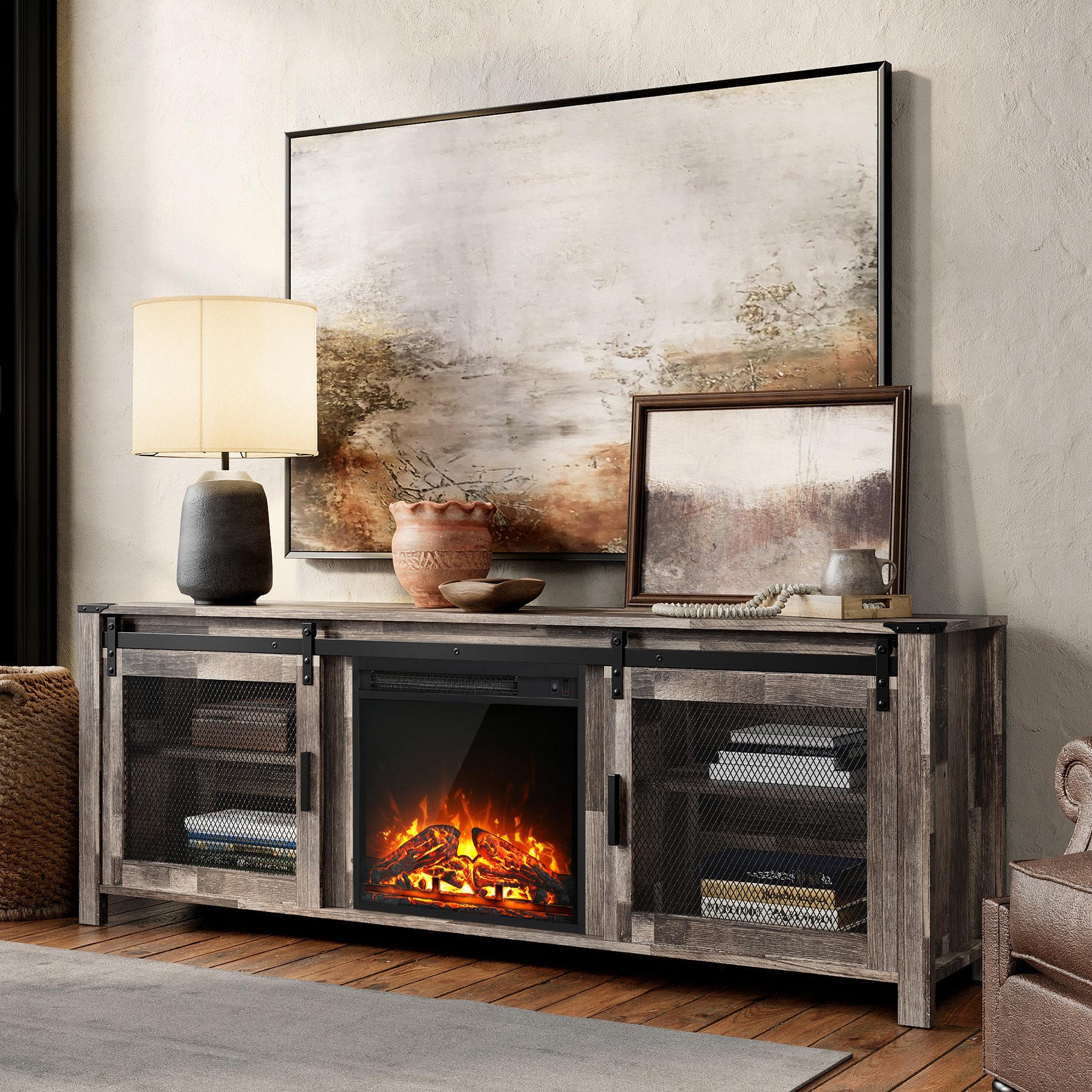 Gracie Oaks WF318GW 66'' W Storage Credenza with Electric Fireplace