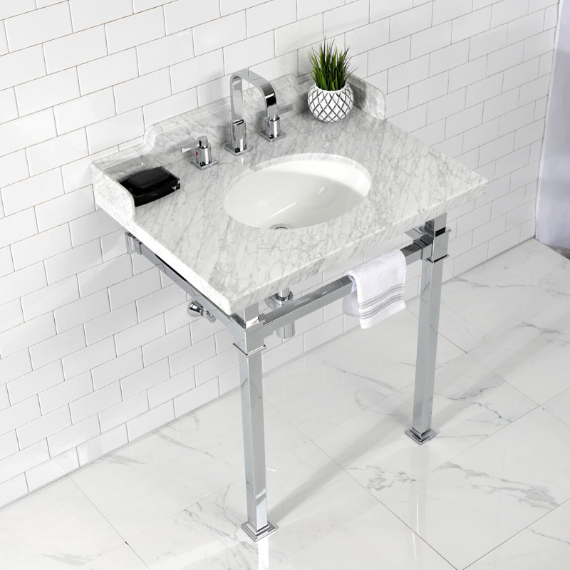 Kingston Brass Viceroy 30-Inch Carrara Marble Console Sink with Stainless Steel Legs (8-Inch, 3-Hole)