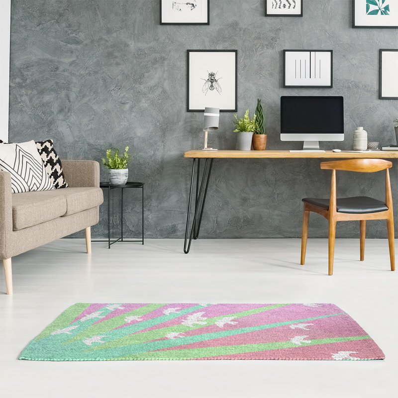 Tapis rose/vert pour oiseaux et coucher de soleil, Rectangle 3 pi x 5 pi