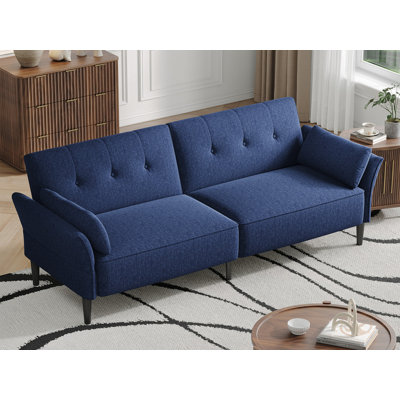 89" Linen Convertible Sofa Couch, Futon Sofa Bed with 2 Square Pillows, Adjustable Backrest & Armrests for Living Room