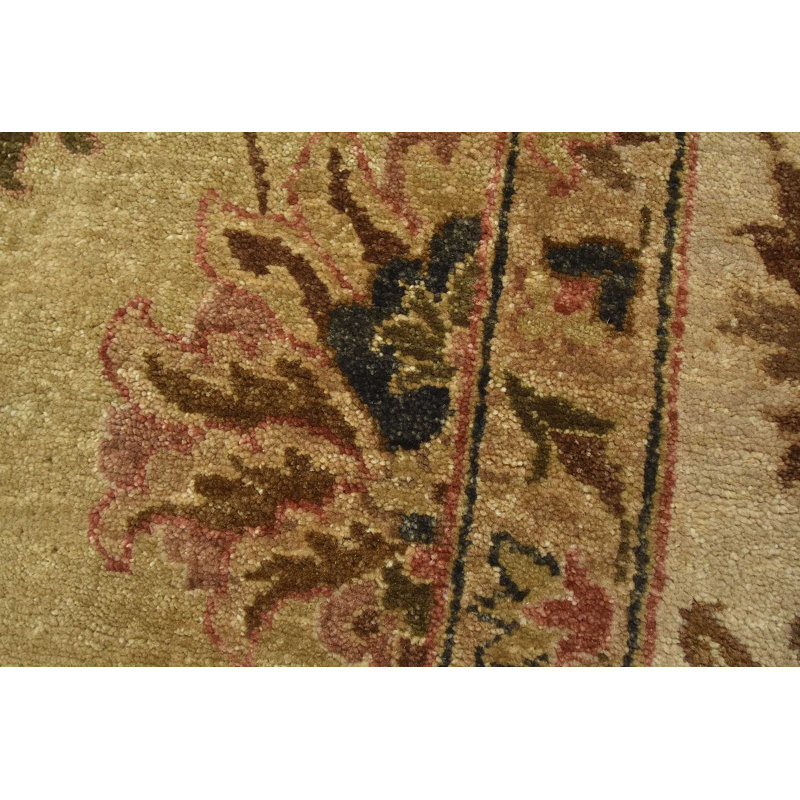 Tapis beige en laine noué à la main de conception unique 8 pi 11 po x 14 pi 9 po