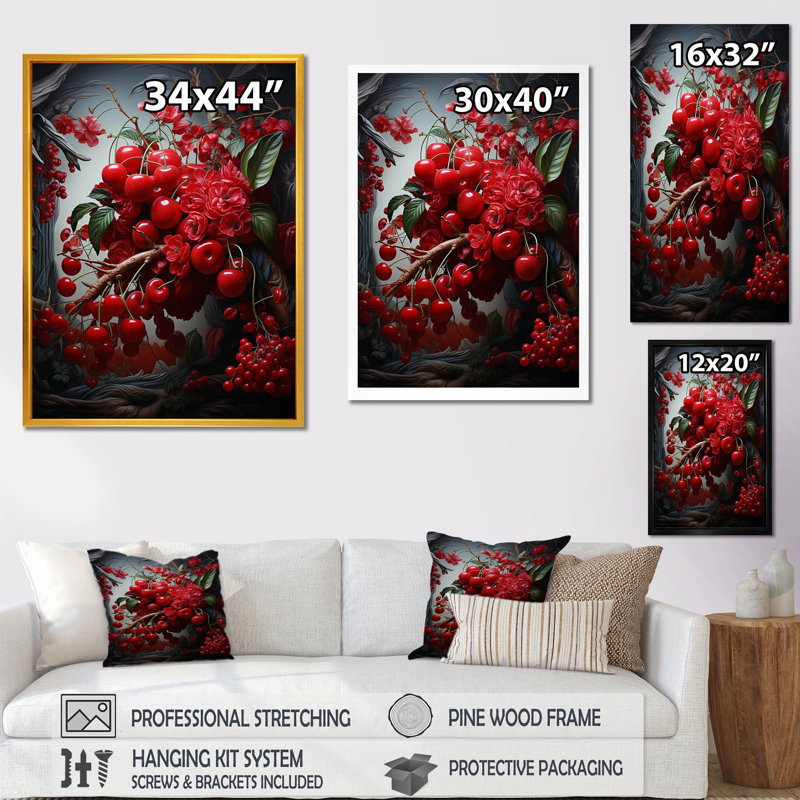 Red Cherry Tree Explosion 2 - art mural cerise, Cadre simple blanc, H 20 po x l 12 po x P 1 po