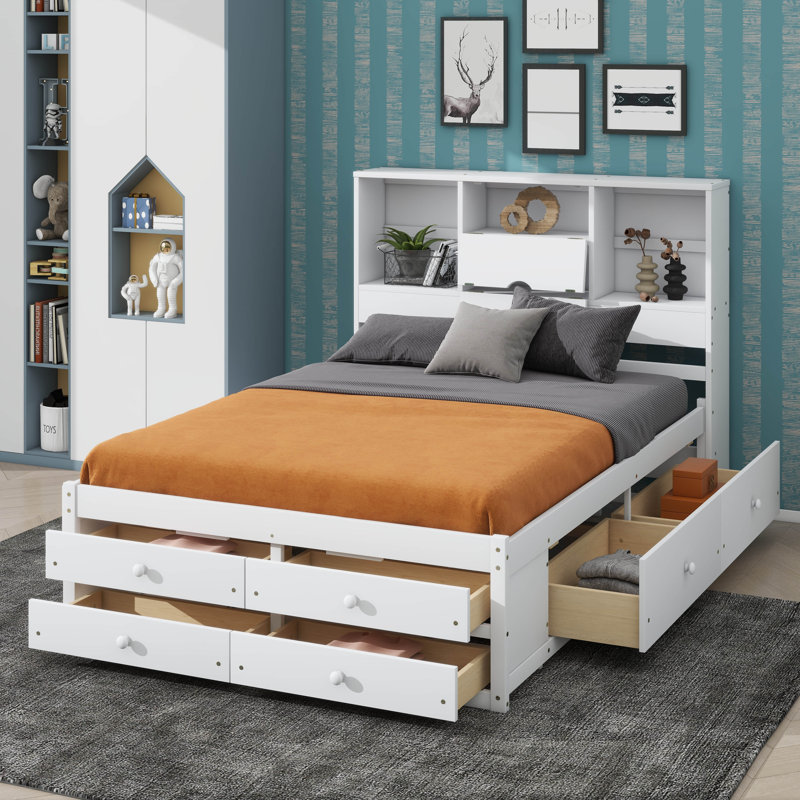 Grand lit plateforme avec tête de lit et rangement à 8 tiroirs, Blanc, Grand lit