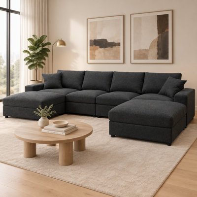 133.5" U-Shaped Sectional Sofa with 2 Ottomans,Modern Oversized Linen Deep Seat Couch with 2 Pillows For Living Room