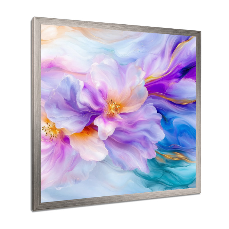 Natures beauté fleurs mauves agate II - fleurs murales abstraites, 30" H x 30" W, Argent argent