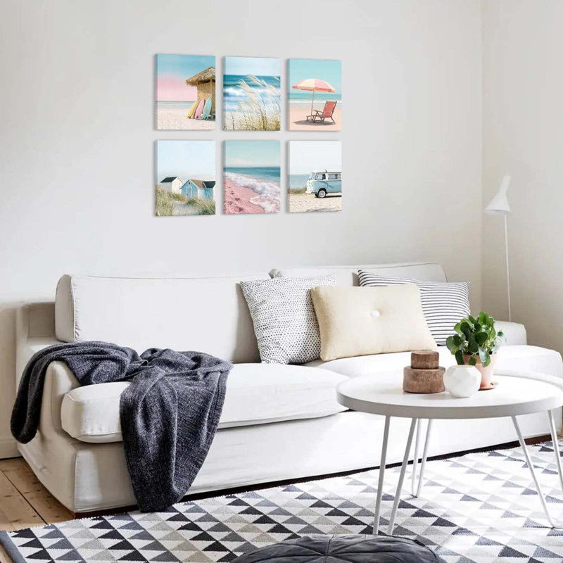 Coastal Beach Pastel Framed Canvas Wall Art, Ocean Summer Scenery Artwork, 20x25cm
