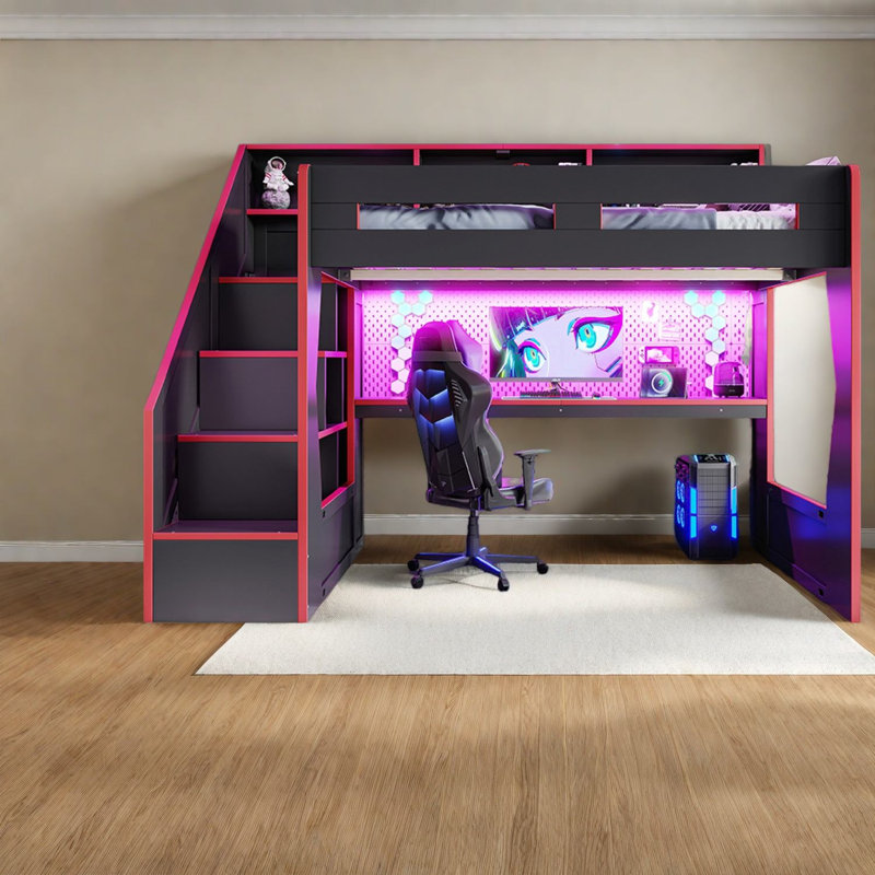 Lit mezzanine de rangement pour jeux vidéo, entièrement en bois MDF, moderne et peu encombrant pour la maison, Black