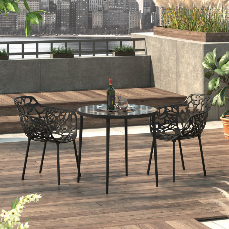 Rabia 31" Bistro Dining Table with Glass Top Flower Pattern Design and Painted Aluminum Base