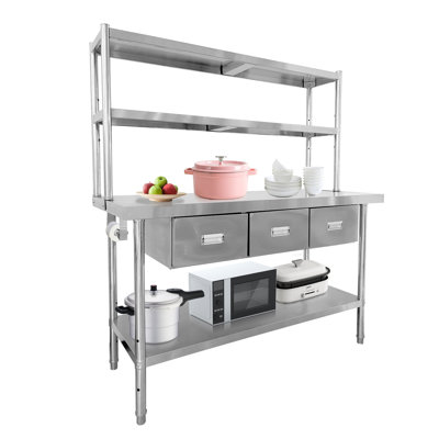 Table de travail robuste en acier inoxydable - Sur 2 tablettes - Station de préparation commerciale - Rangement pour restaurant, cuisine, hôtel, usage industriel