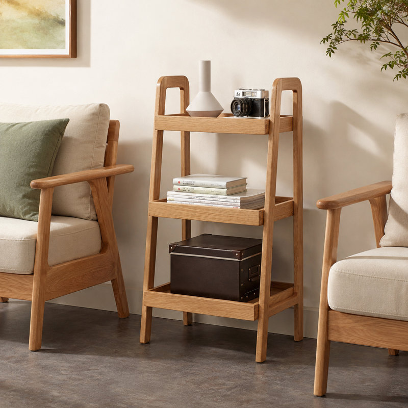Étagère échelle autoportante à 3 niveaux en chêne massif, présentoir ouvert, table d'appoint étroite pour salon et chambre, bibliothèque d'appoint pour petits espaces