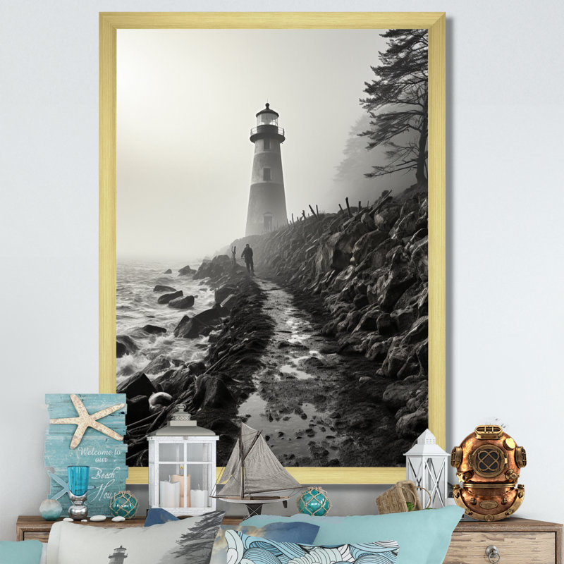 Phare Bansemer noir et blanc avec horizon brumeux, H 32 po x l 24 po x P 1 po, Encadrement doré