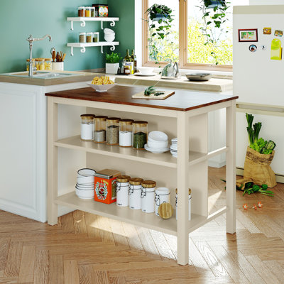 Îlot de cuisine 45 po en bois massif avec table de préparation en bois d'hévéa et 2 tablettes ouvertes pour petits espaces