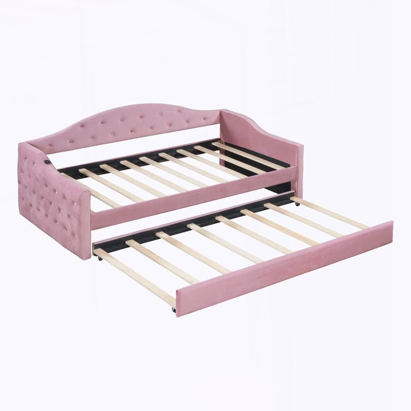 Twin Size Tufted Upholstered Daybed with Trundle, Pink
