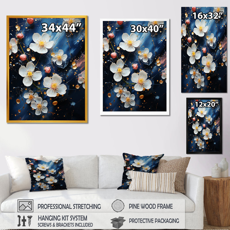 Fleurs de cerisier blanches et bleues I - Art mural cerisier en fleurs, H 20 po x l 12 po x P 1 po, Cadre flottant blanc