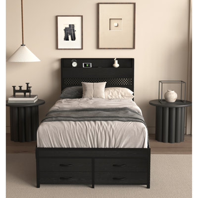Black Metal Twin Bed Frame With Storage And Charging Function - Enhance Your Bedroom Size Stable Construction Maximize Capacity