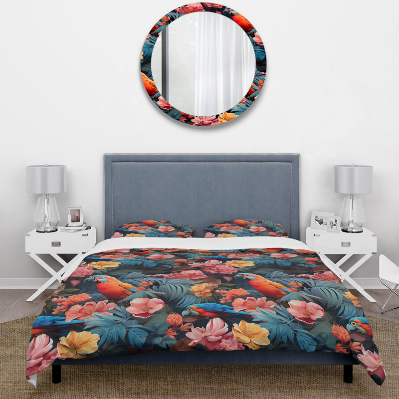Ensemble de housse de couette Tropical Sunset Colors Parrots I - Animal, Housse de couette pour grand lit et 2 taies décor