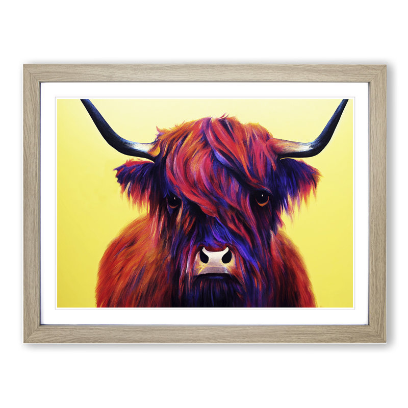 Colourful Highland Cow Vol.3 - Single Picture Frame Print, Oak Framed, 46cm H x 64cm W x 2cm D