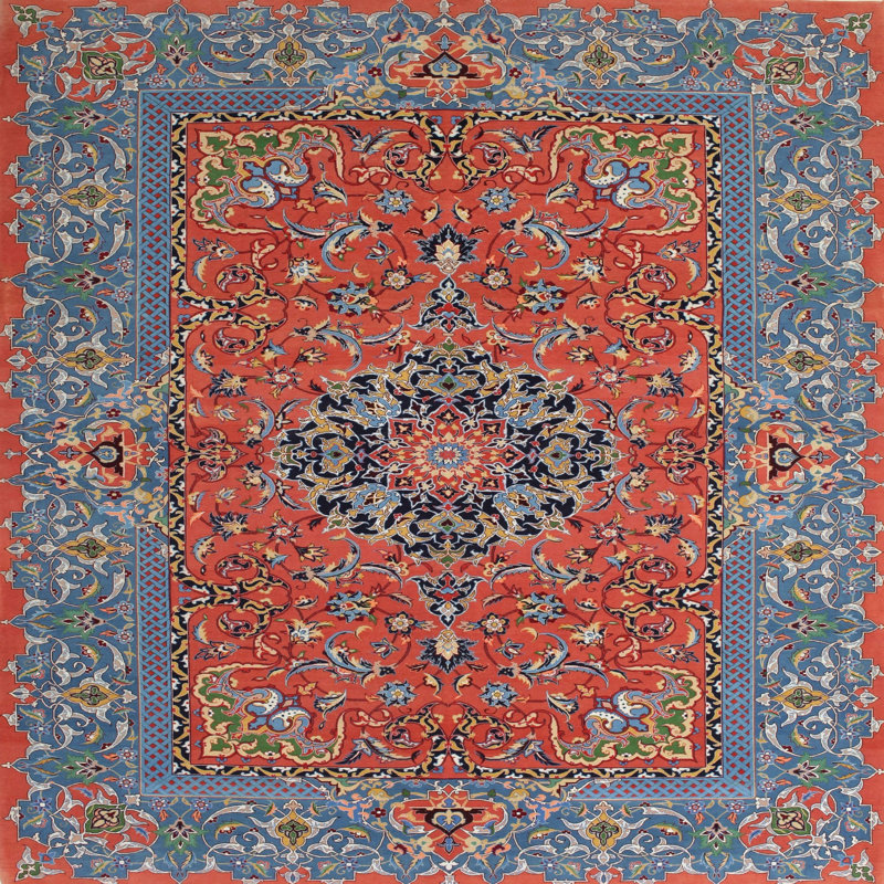 Tapis bleu / rouge en laine Kelsi, Carré 8 pi