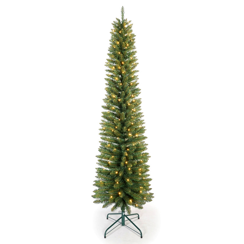 Arbre de Noël vert avec lumières à DEL blanc chaud - arbre en PVC mince avec embouts, conception compacte, support en métal stable, facile à assembler