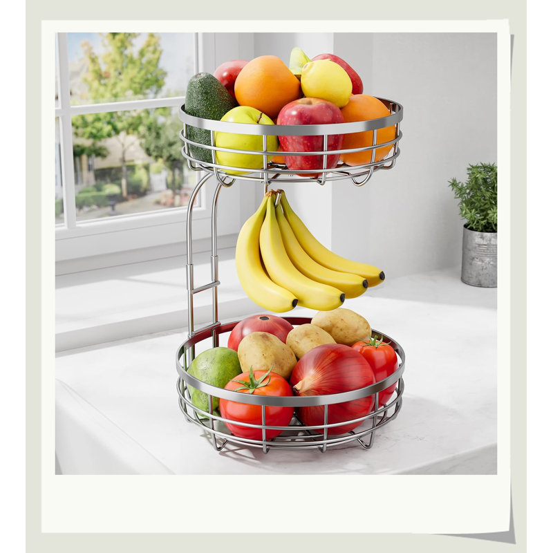 Panier à fruits à 2 niveaux en métal avec support à banane amovible, rangement pour comptoir de cuisine résistant à la rouille