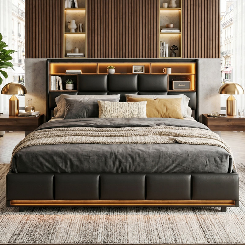 EU & UK Ottoman Storage Bed Frame with LED Lights & USB Charging Station, Faux Leather Gas Lift Bed with Bookcase Headboard, Black PU