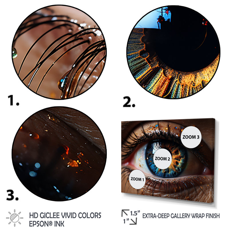 Œil jaune et bleu galaxie - œil, art mural, Cadre d'angle fermé noir, H 34 po x l 44 po x P 1,5 po