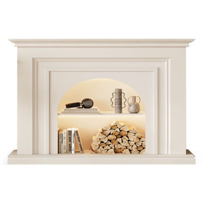 Beige Solid Wood Freestanding Fireplace