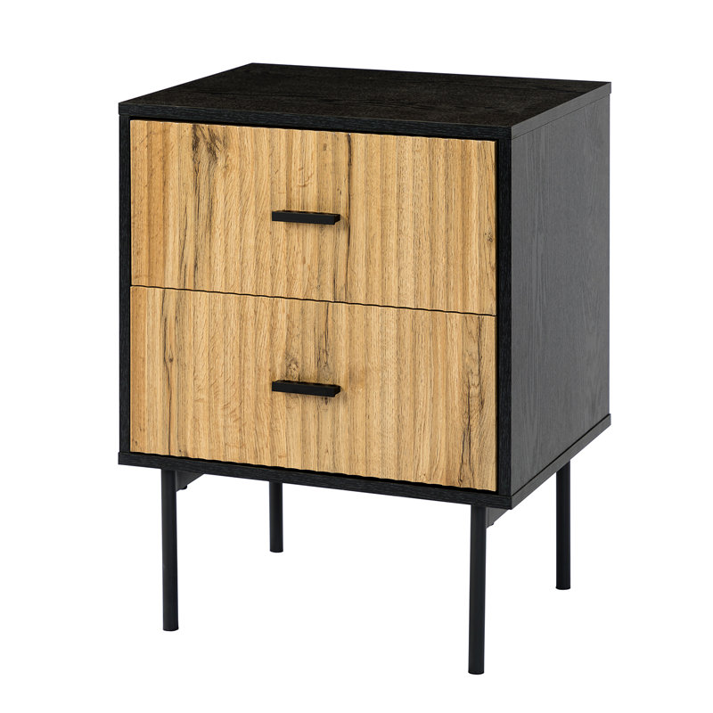 Alexandera 19.7" W 2-Drawer End Table with Metal Legs, Black/Brown