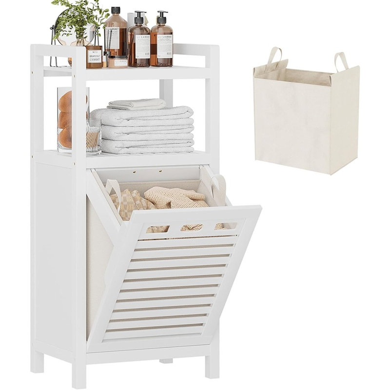 Armoire à linge basculante en bambou blanc avec sac en tissu amovible