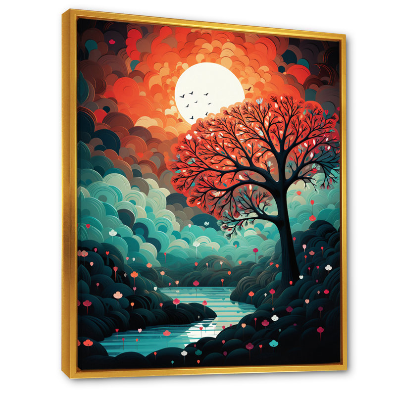 Arbre rouge magique à côté de la pleine lune - impression, Cadre flottant doré, 32" H x 24" W