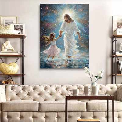 Jesus Walking on Water Canvas Wall Art Framed Faith Home Decor 16x24 Inch