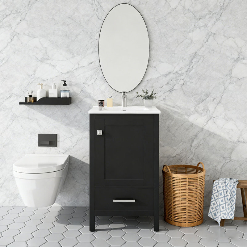 Meuble-lavabo moderne de 20 pouces avec lavabo en céramique et tiroir et porte à fermeture en douceur, Noir