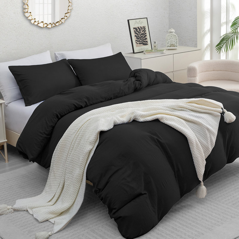 Premium Prewashed Duvet Cover Set Double Brushed Microfiber Reversible With Zipper Closure & Corner Ties, Black