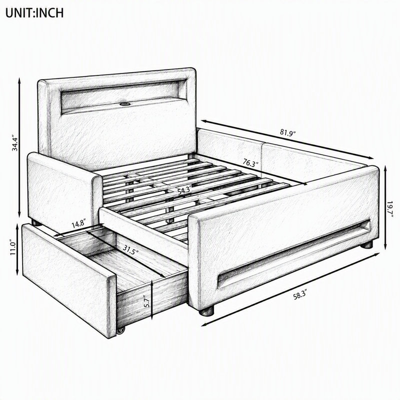 Lit plateforme tapissier avec tiroir, bande lumineuse à DEL, port USB, Lit double, Rose