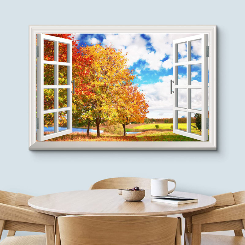 Automne, automne «Vue de la fenêtre des arbres d'automne rouges et orange, images de la nature, paysage rustique, détente, calme et ultra» sur