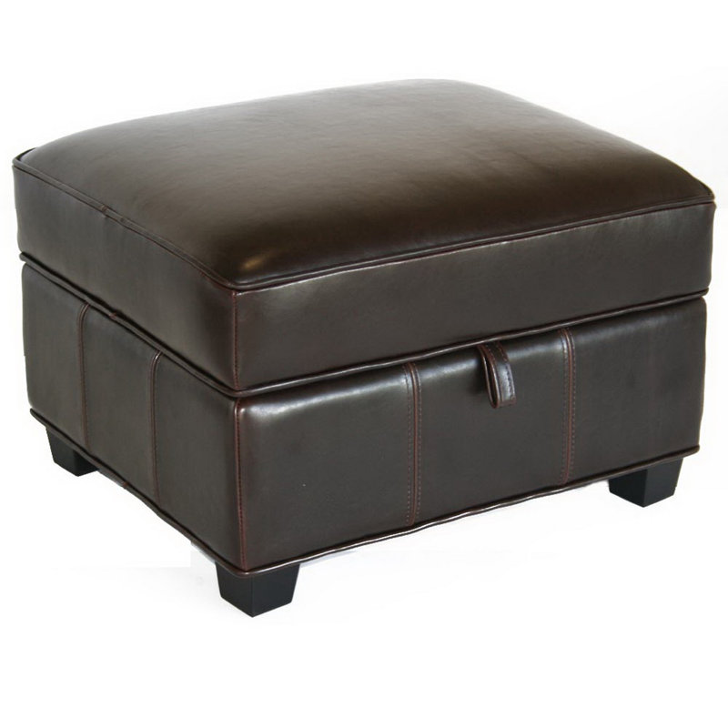 Kasius Ottoman in Rich Dark Brown Faux Leather and Solid Wood Legs, 14.9'' H X 24.9'' W X 20.85'' D
