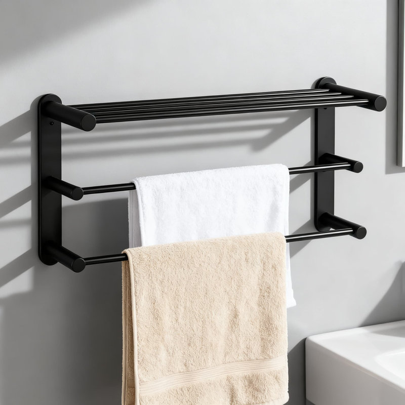 Porte-serviettes robuste et organisateur de tablettes, porte-serviettes à double couche mural avec rangement large pour la salle de bain, la cuisine et la salle de lavage