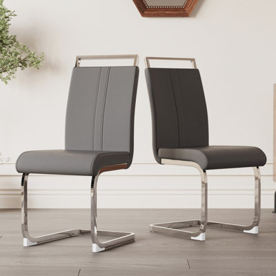 2 chaises d'invité modernes pour salle à manger - Cuir d'unité centrale gris avec pieds en métal pour la chambre, la cuisine, le bureau, le meuble-lavabo, le patio, le club confortable et élégant de 2, faux pieds à dossier haut, espace