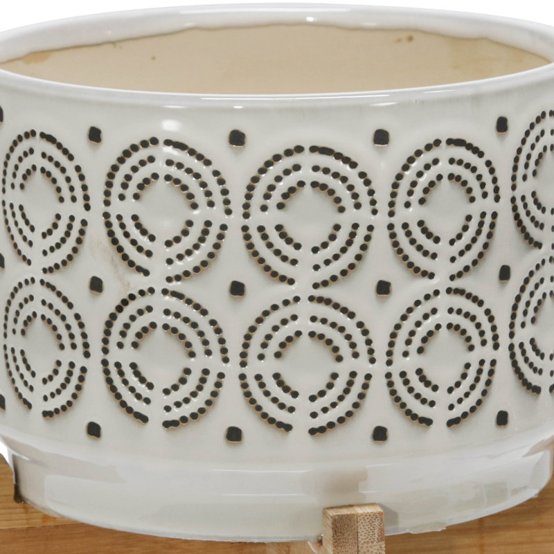 St. Charles Ceramic Planter with Wooden Stand - Modern Decorative Pot for Indoor Plants, White, Swirl