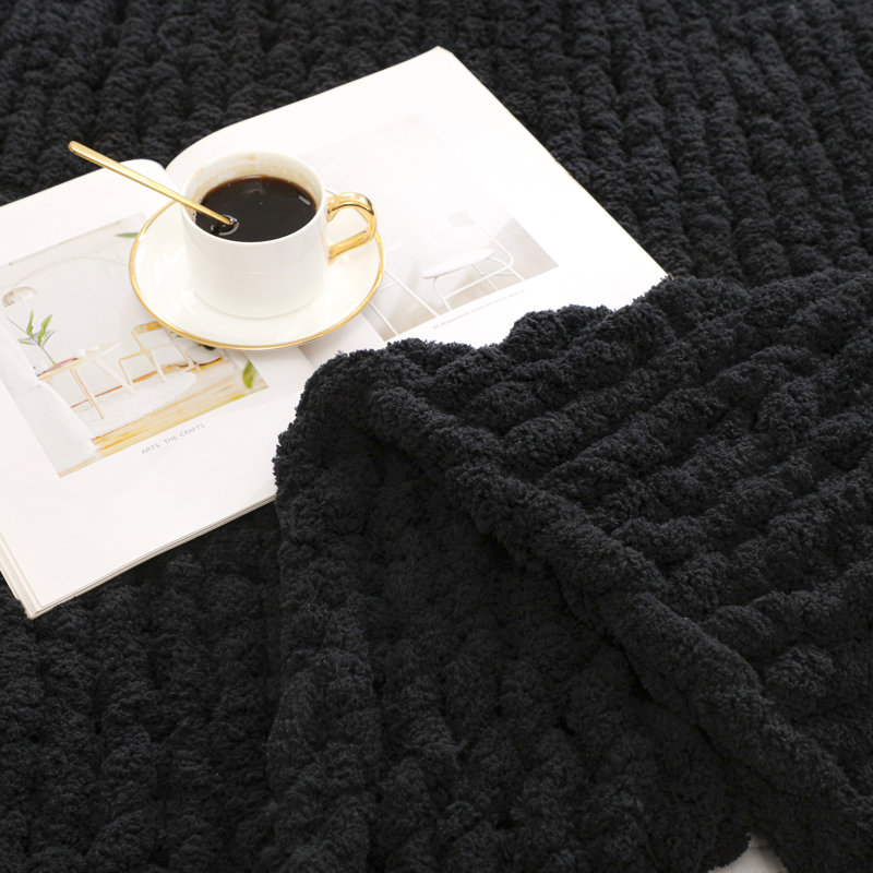 Jeté en chenille épais et tricoté à la main, Noir, noir, noir, noir