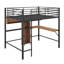 Lit mezzanine double en métal et en bois avec bureau en L et tablettes