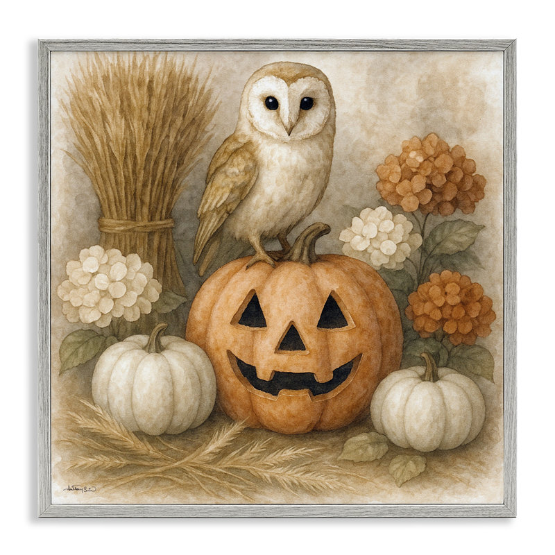 Giclée encadrée d'automne «Autumn Harvest Owl & Jack-o-Lantern», conception par Antony Smith, H 17 po x l 17 po