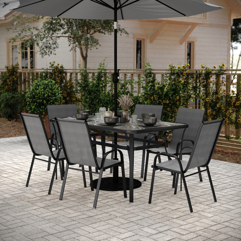 Aundreia 7-Piece Stackable Patio Dining Set with Glass Top Table, Black/Grey