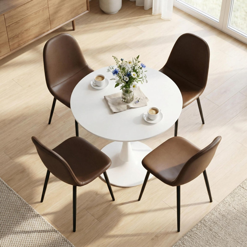 5-piece Mid-century Modern Dining Set, 31.5" Round Dining Table With 4 Saddle Leather Upholstered Chairs
