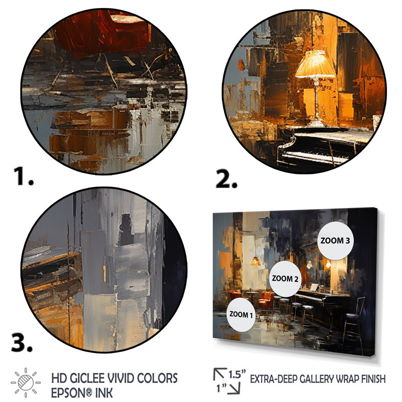 Rétro Sonate de Pinao dans Jazz Café IV - musique Jazz Art mural, H 16 po x l 32 po x P 1 po, Cadre flottant noir