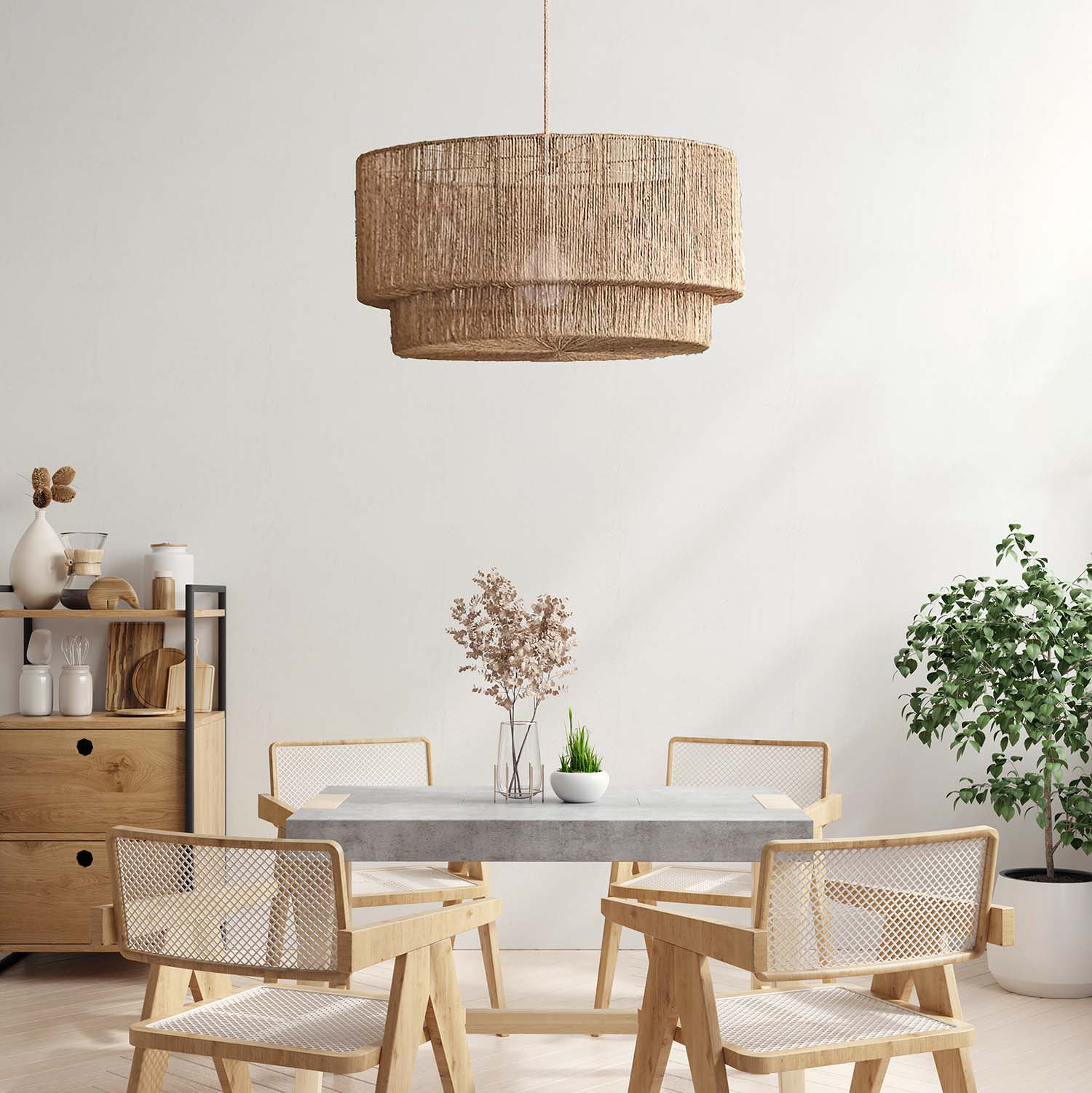 Bay Isle Home Ardita 1 - Light Natural Drum Pendant 24", 28'', 32'' Double-Layered Jute Plug-In or Hardwired Light Fixture for Dining Room or Kitchen Island in Organic Boho St...