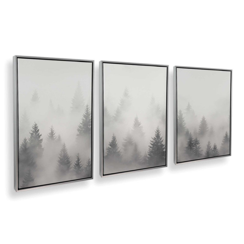 Foggy Echoes, ensemble de 3 toiles encadrées, Cadre flottant en chrome poli, H 18,75 po x l 38,25 po x P 1,75 po